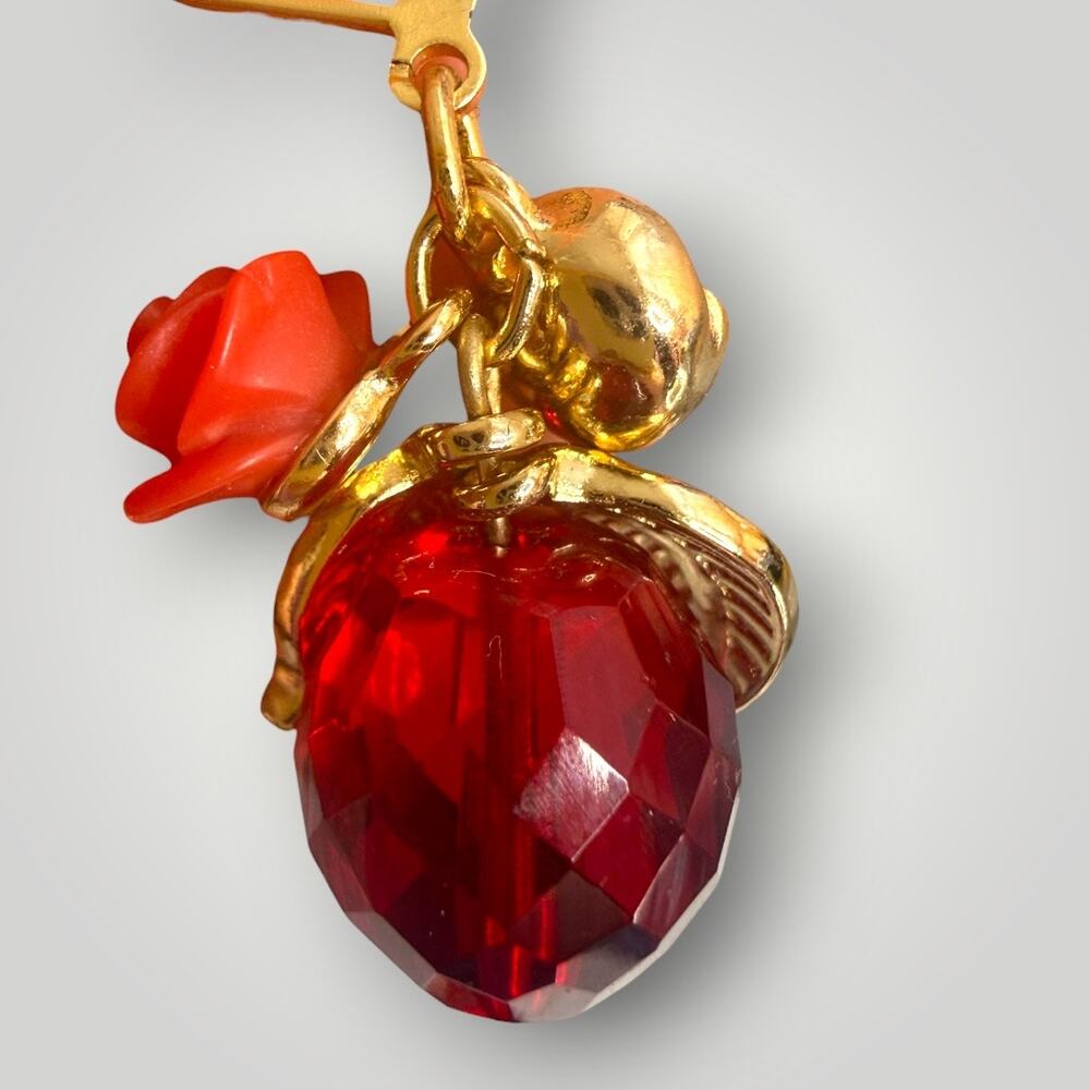 Vintage Red Faceted Glass Rose Dangle Earrings Gold Tone Floral Leverback - Picture 5 of 7
